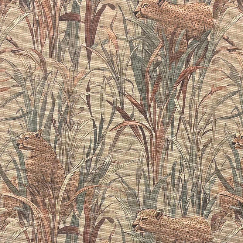 Animals No.11 beige linen curtain fabric with cheetahs and soft grassland detail