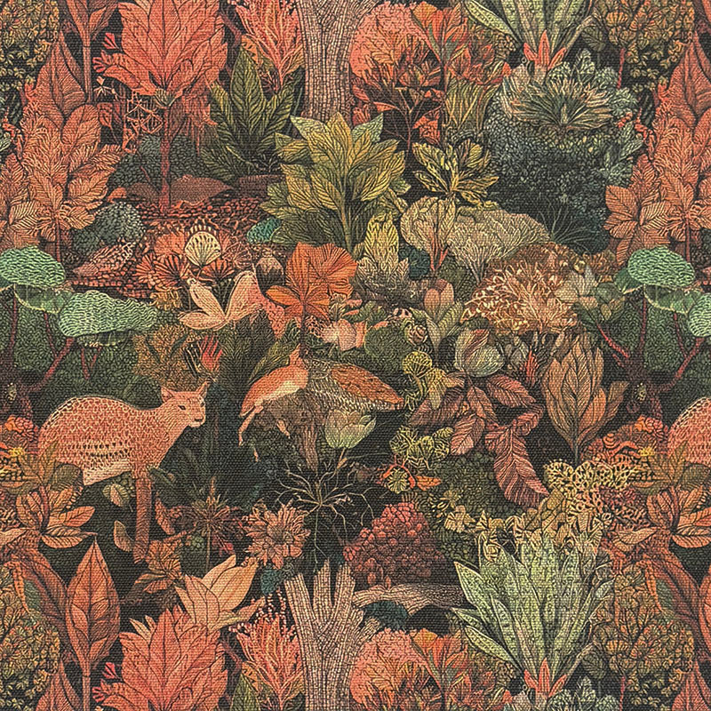 Animals No.2 linen curtain fabric with woodland animals and foliage on a dark patterned ground