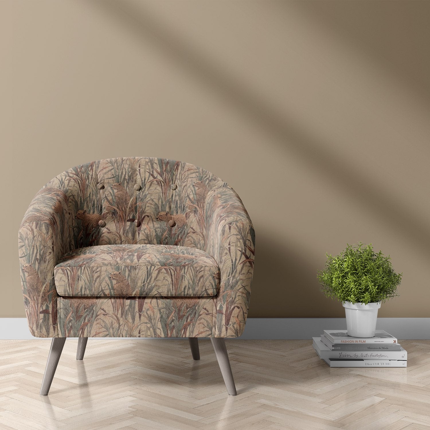 Accent chair upholstered in beige animal upholstery fabric featuring cheetahs – Animals No.11 roomset