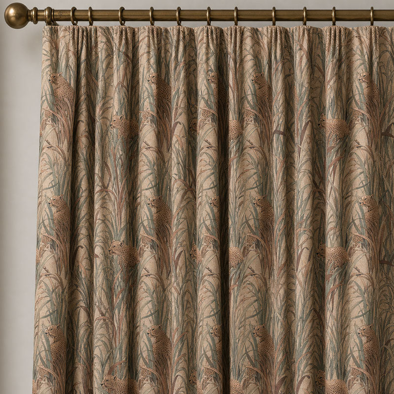 Animals No.11 linen curtain fabric shown as beige animal print curtains