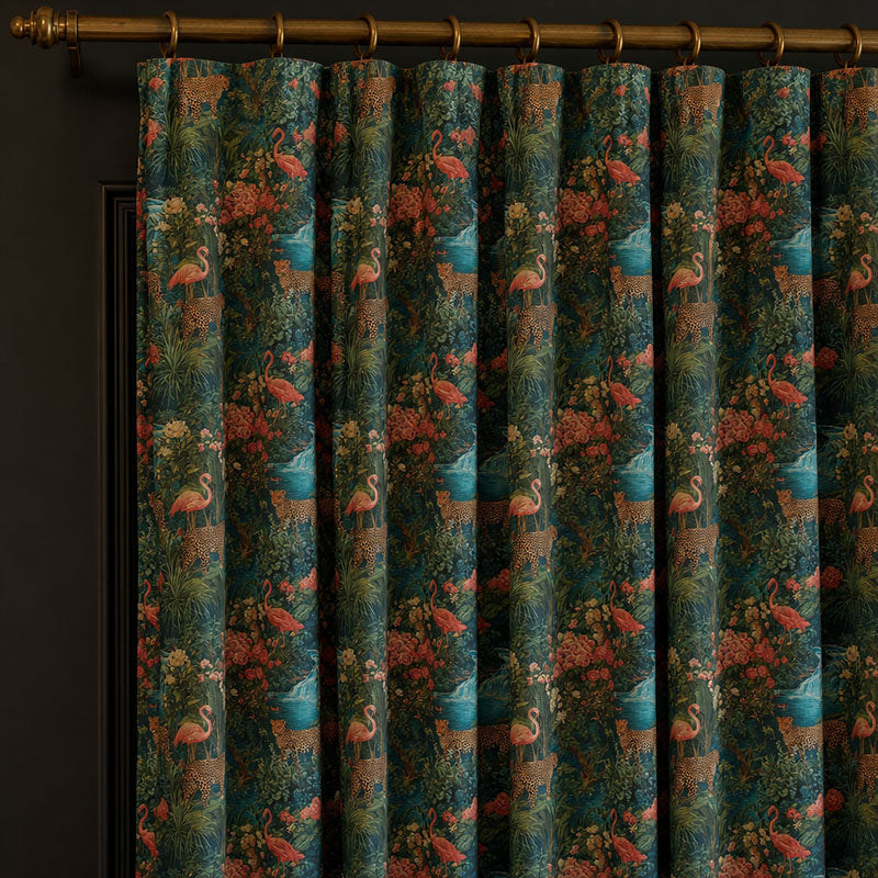 Animals No.12 linen curtain fabric shown as colourful jungle animal curtains