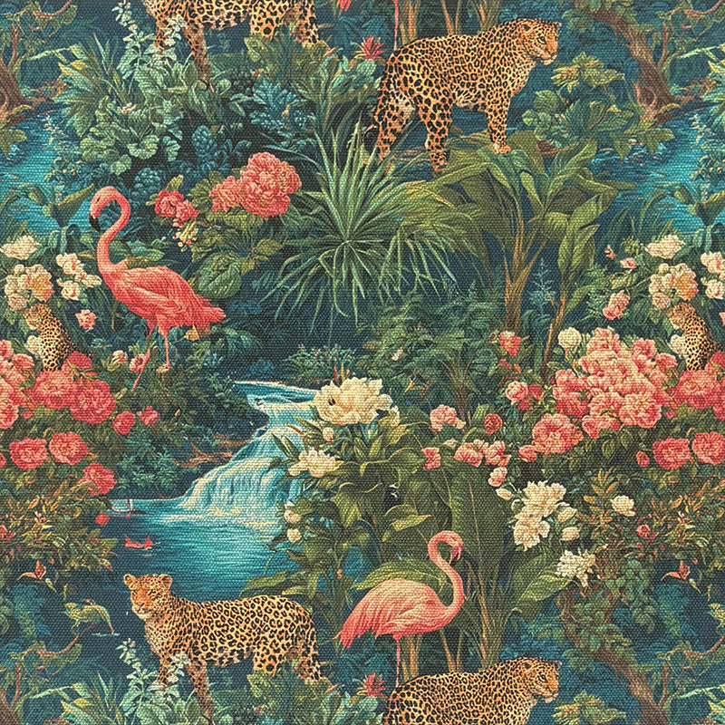 Multicoloured jungle animal upholstery fabric with jaguars, flamingos, and tropical florals
