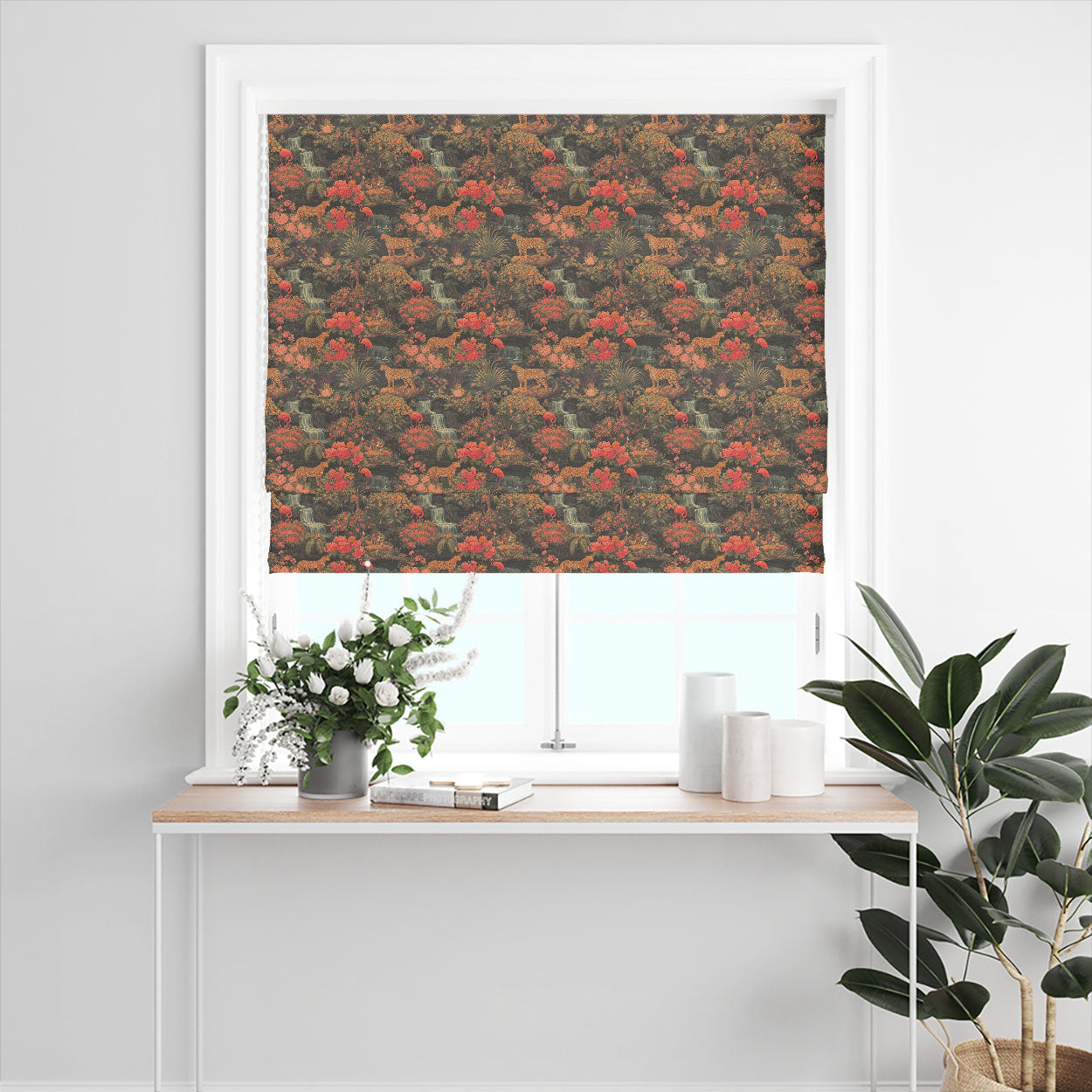 Animals No.13 linen curtain fabric shown as a dark animal print blind with red floral detail