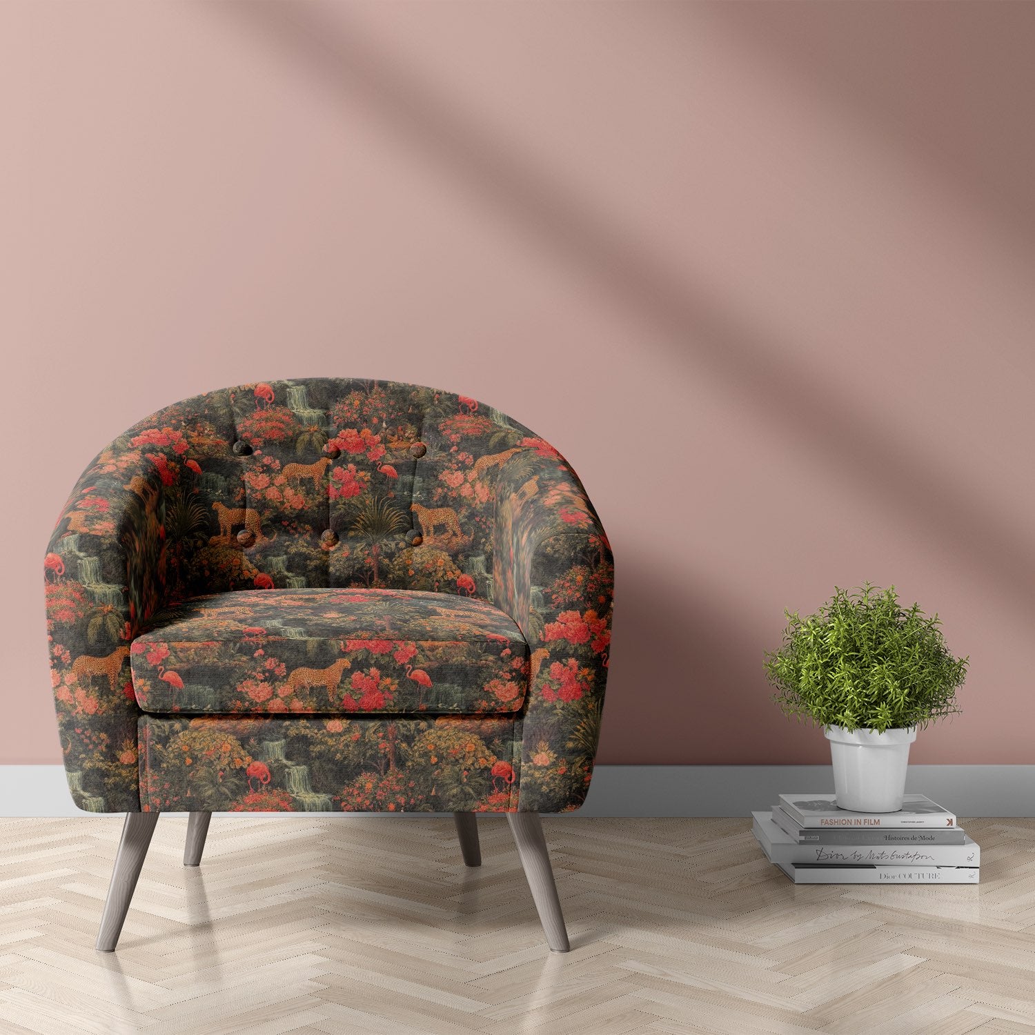 Armchair upholstered in Animals No.13 animal upholstery fabric with black jungle design featuring cheetahs and coral flora