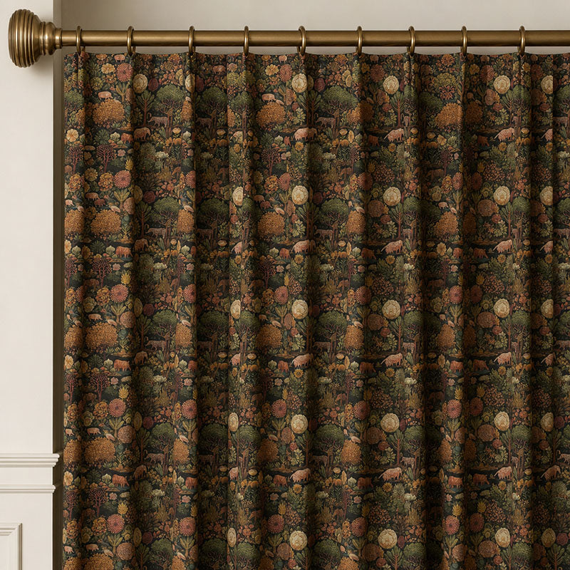 Animals No.1 linen curtain fabric shown as statement curtains with earthy jungle animal pattern