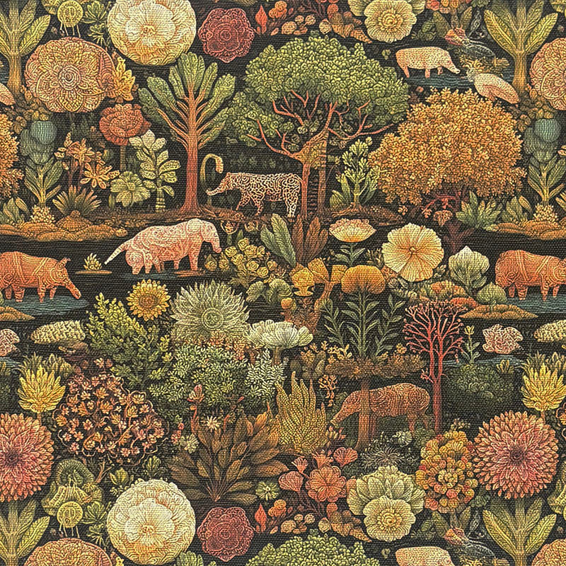 Detailed flatlay of Animals No.1 upholstery fabric with wild animals and botanicals on a black background.