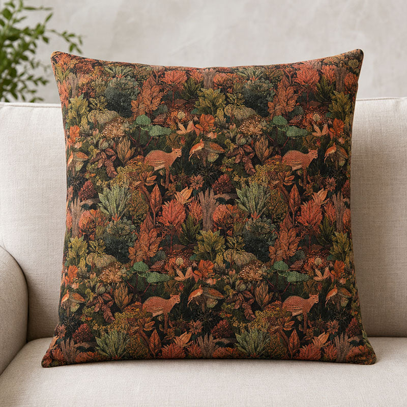 Animals No.2 linen curtain fabric shown as dark woodland animal curtains