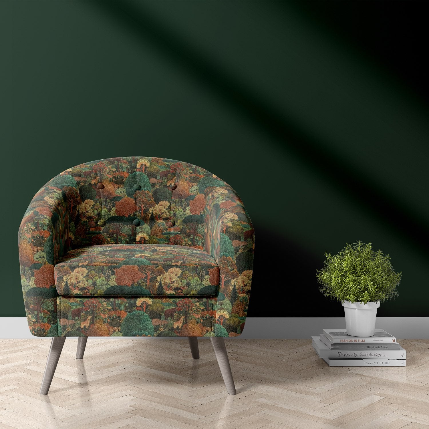 Animals No.3 Chair – Scenic green animal upholstery fabric used on an accent armchair with a deep green painted wall