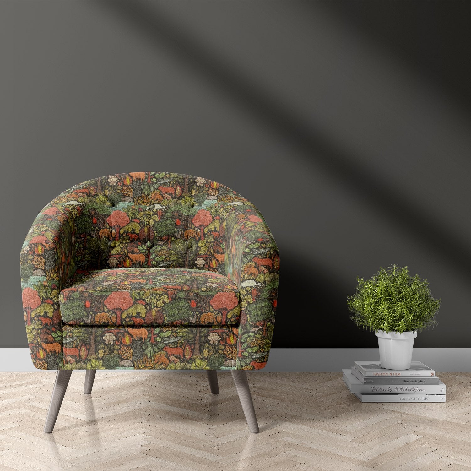 Upholstered armchair in Animals No.4 animal upholstery fabric with illustrated jungle animals and foliage
