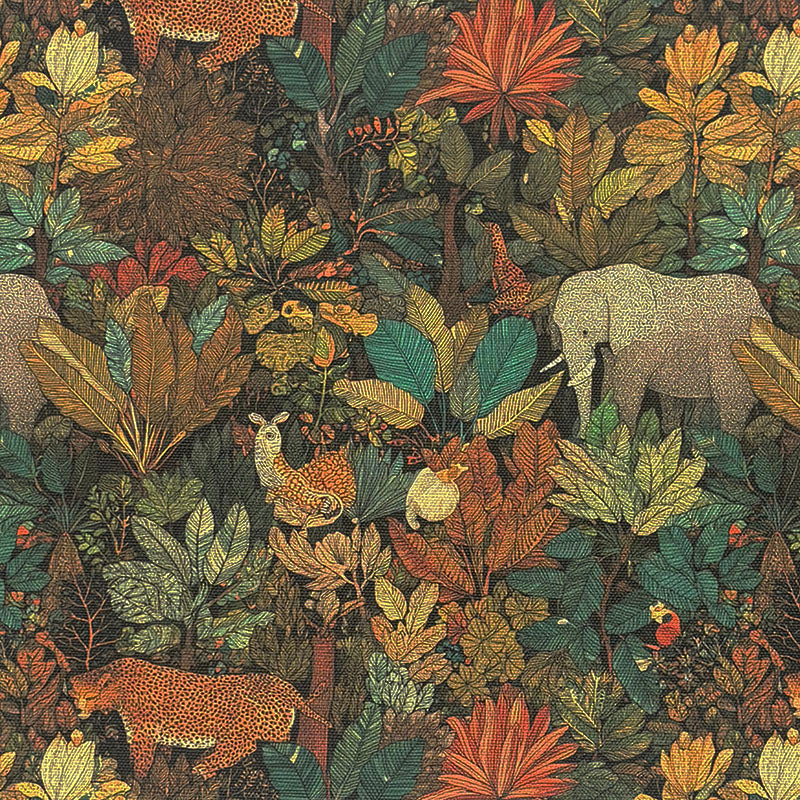 Close-up of Animals No.5 animal upholstery fabric showing detailed jungle scene with leopards, elephants, and foliage
