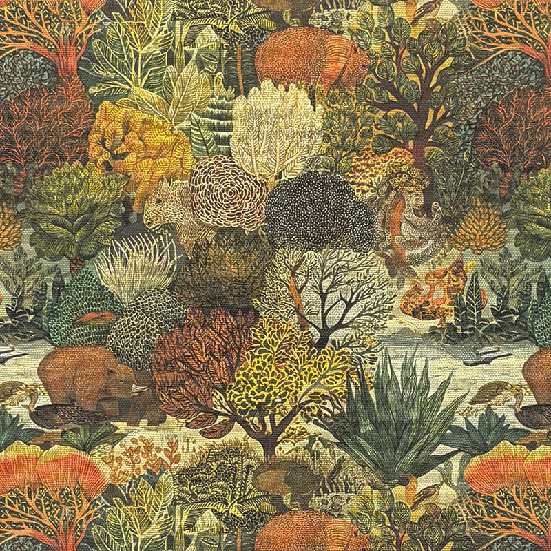 Flat lay of Animals No.6 animal upholstery fabric with forest scene and wildlife in gold and green tones