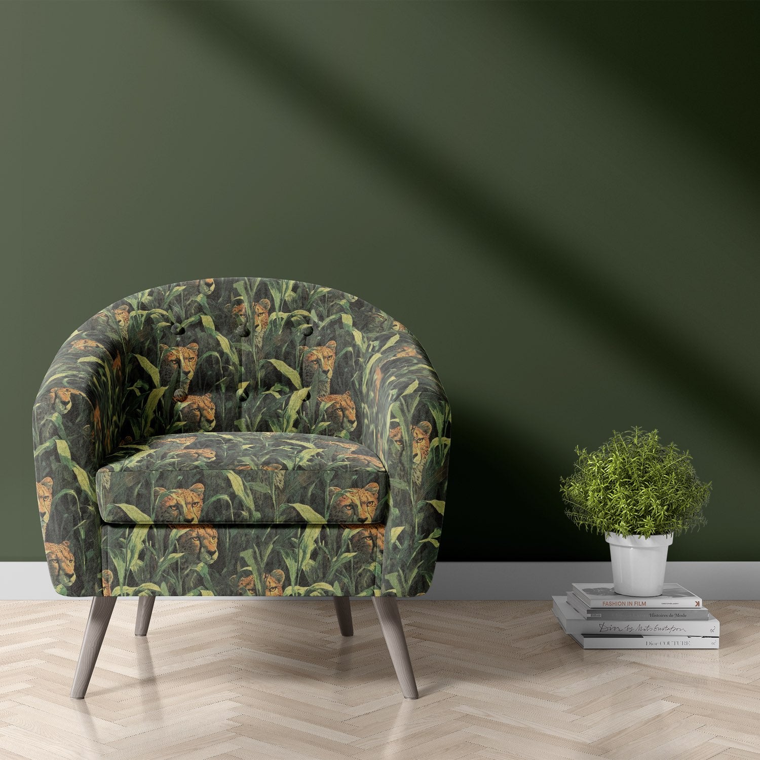 Animal upholstery fabric with cheetahs in lush green foliage. Durable, pet-friendly and bold—perfect for standout upholstery projects.