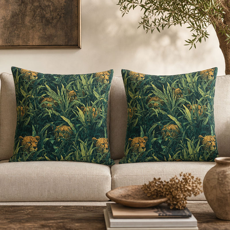 Animals No.9 linen curtain fabric shown on a cushion with green cheetah jungle design