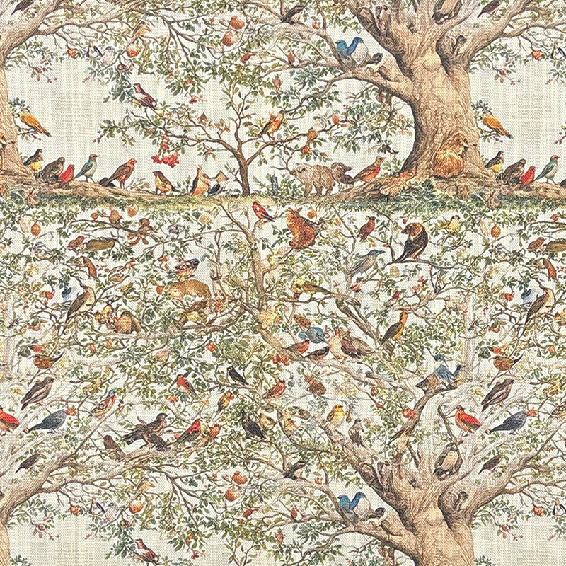 Traditional style upholstery fabric featuring woodland birds, mature trees, wildlife and countryside scenery on a natural ivory background