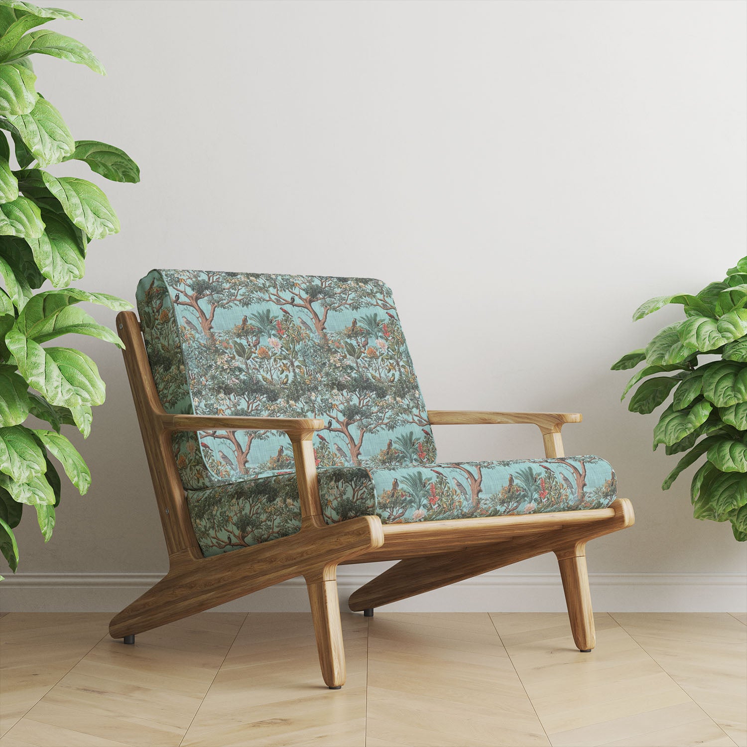 Arbor No.14 traditional style upholstery fabric upholstered on contemporary wooden chair with birds, botanical foliage and decorative landscape design