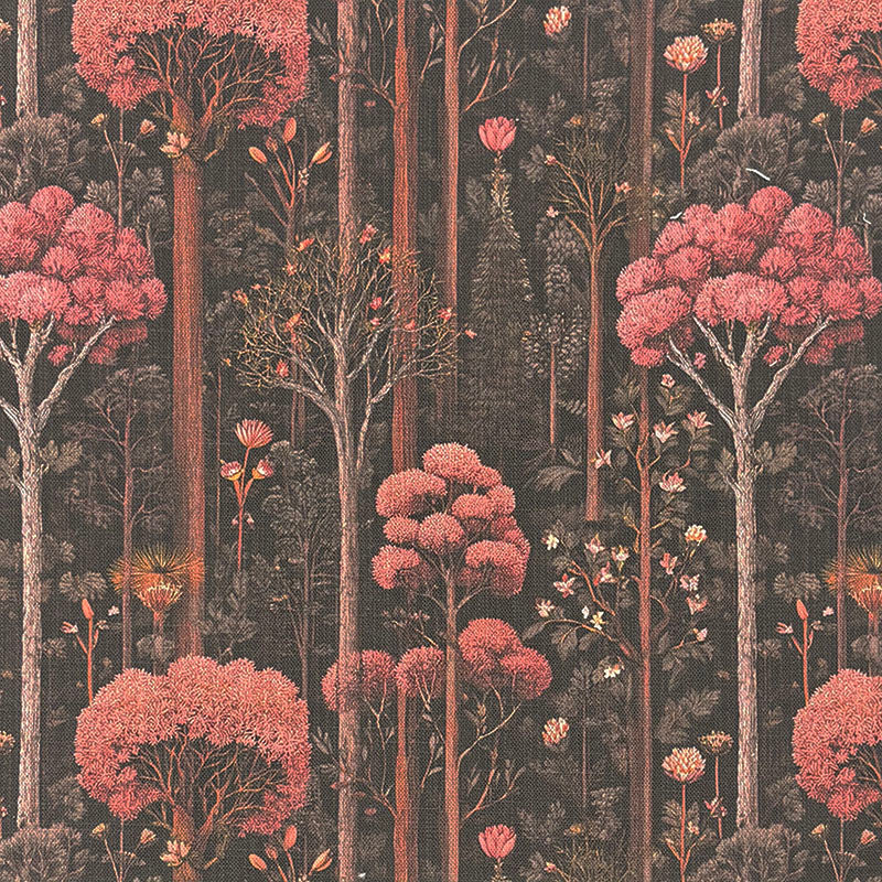 Woodland style upholstery fabric featuring pink flowering trees, forest scenery and botanical details printed on a dark textured upholstery fabric