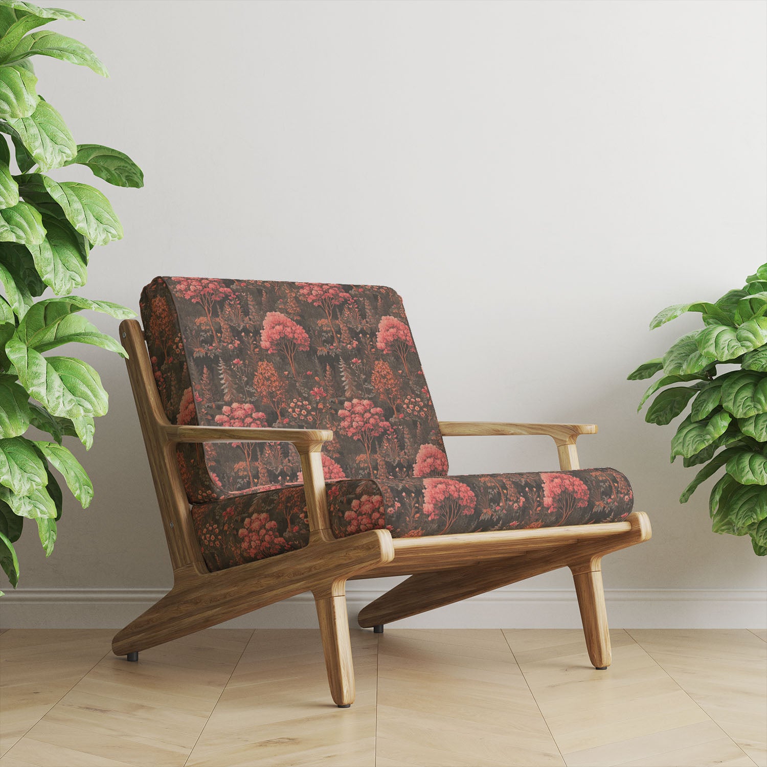 Arbor No.3 woodland style upholstery fabric upholstered on contemporary wooden chair with pink botanical woodland design and floral detailing