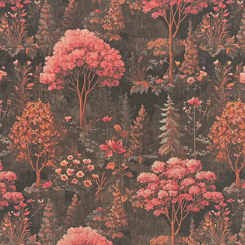 Woodland style upholstery fabric featuring pink flowering trees, botanical garden scenery and detailed floral landscape printed on dark upholstery fabric
