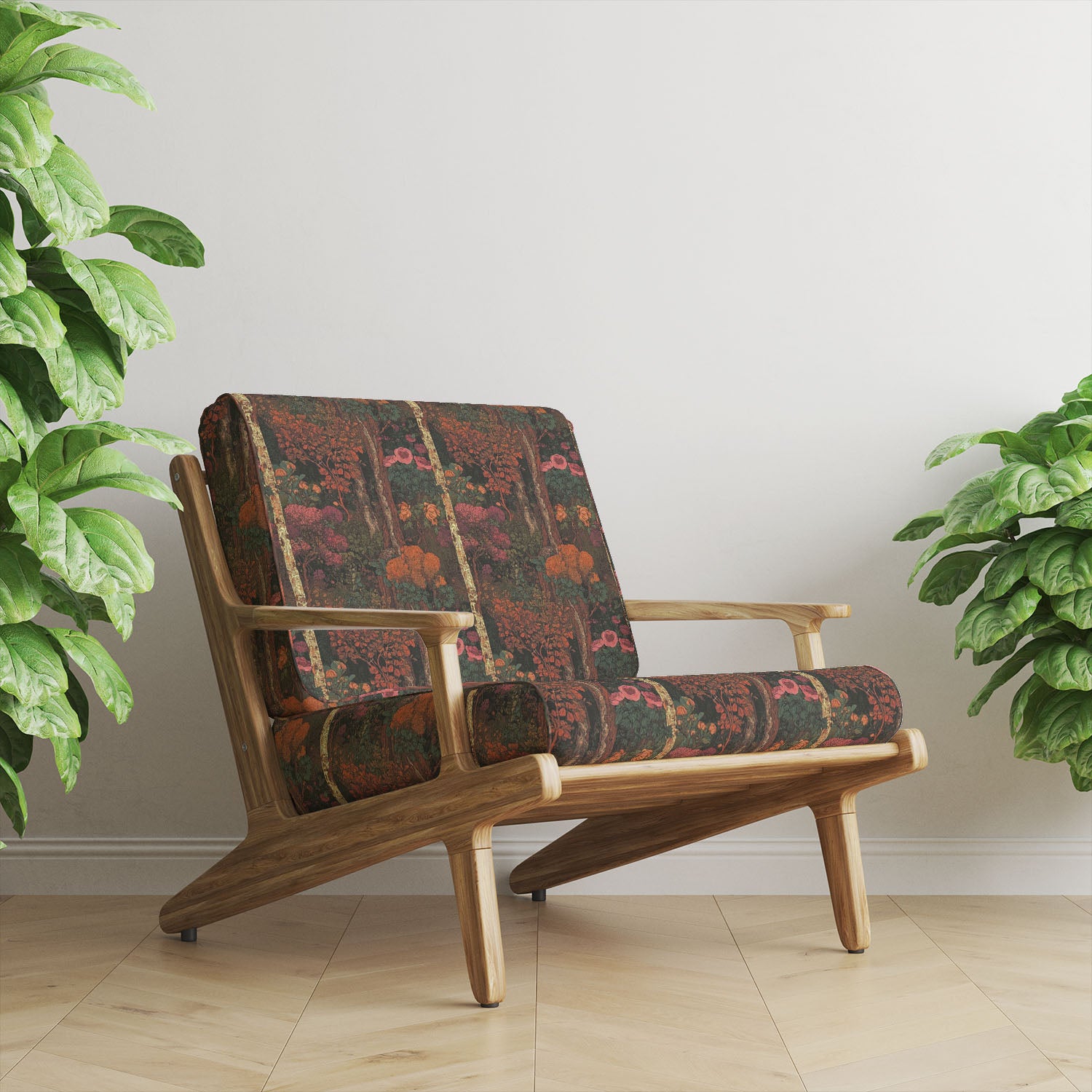 Arbor No.4 woodland style upholstery fabric upholstered on contemporary wooden chair featuring scenic woodland flowers and decorative tree design