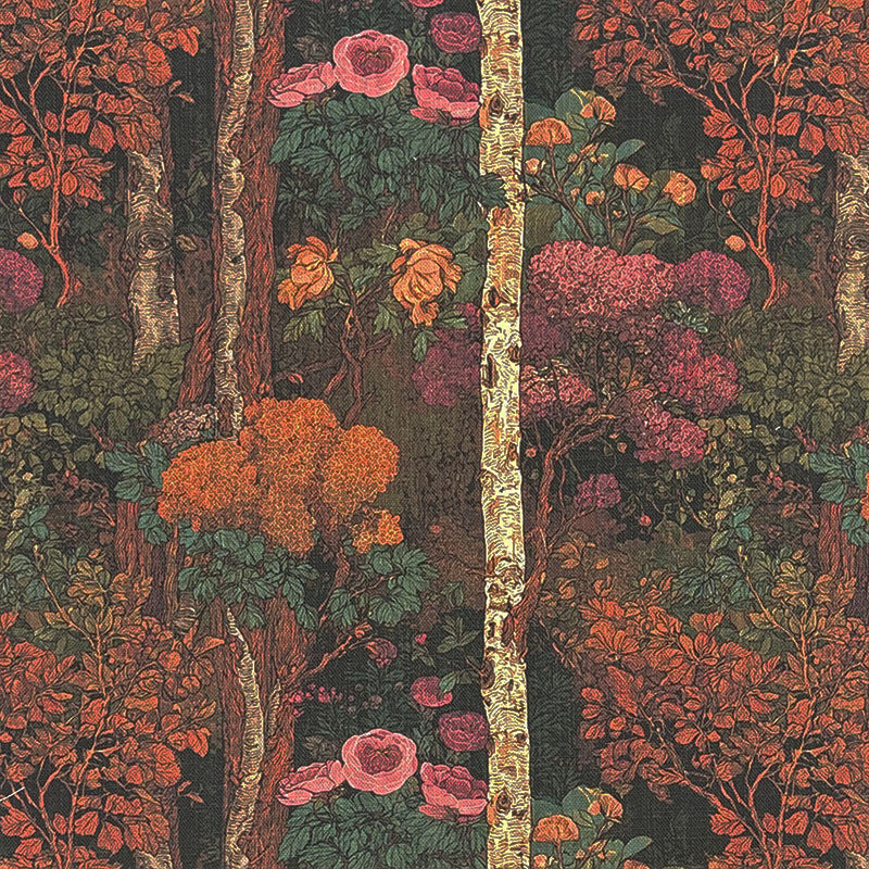 Woodland style upholstery fabric with detailed forest trees, pink flowers, orange foliage and botanical garden scenery printed on textured upholstery fabric