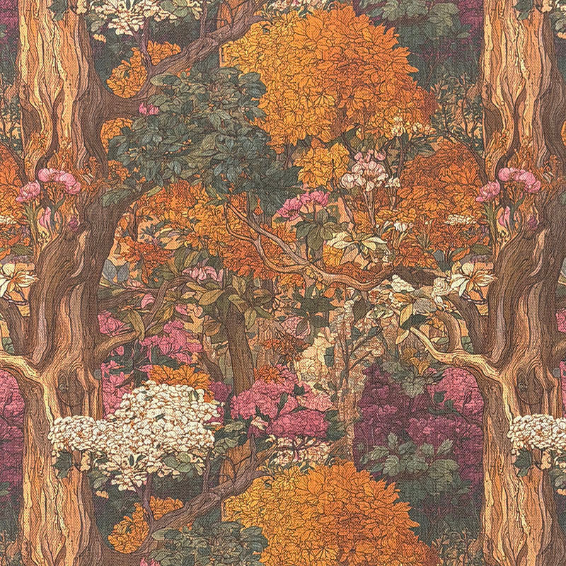 Woodland style upholstery fabric featuring autumn trees, orange foliage, flowering plants and detailed forest garden scenery printed on upholstery fabric