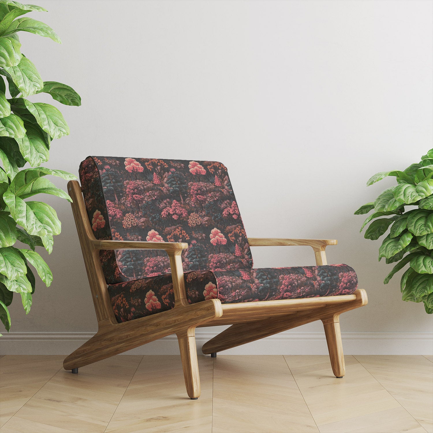 Arbor No.8 woodland style upholstery fabric upholstered on contemporary wooden chair with pink blossom trees and decorative woodland scenery