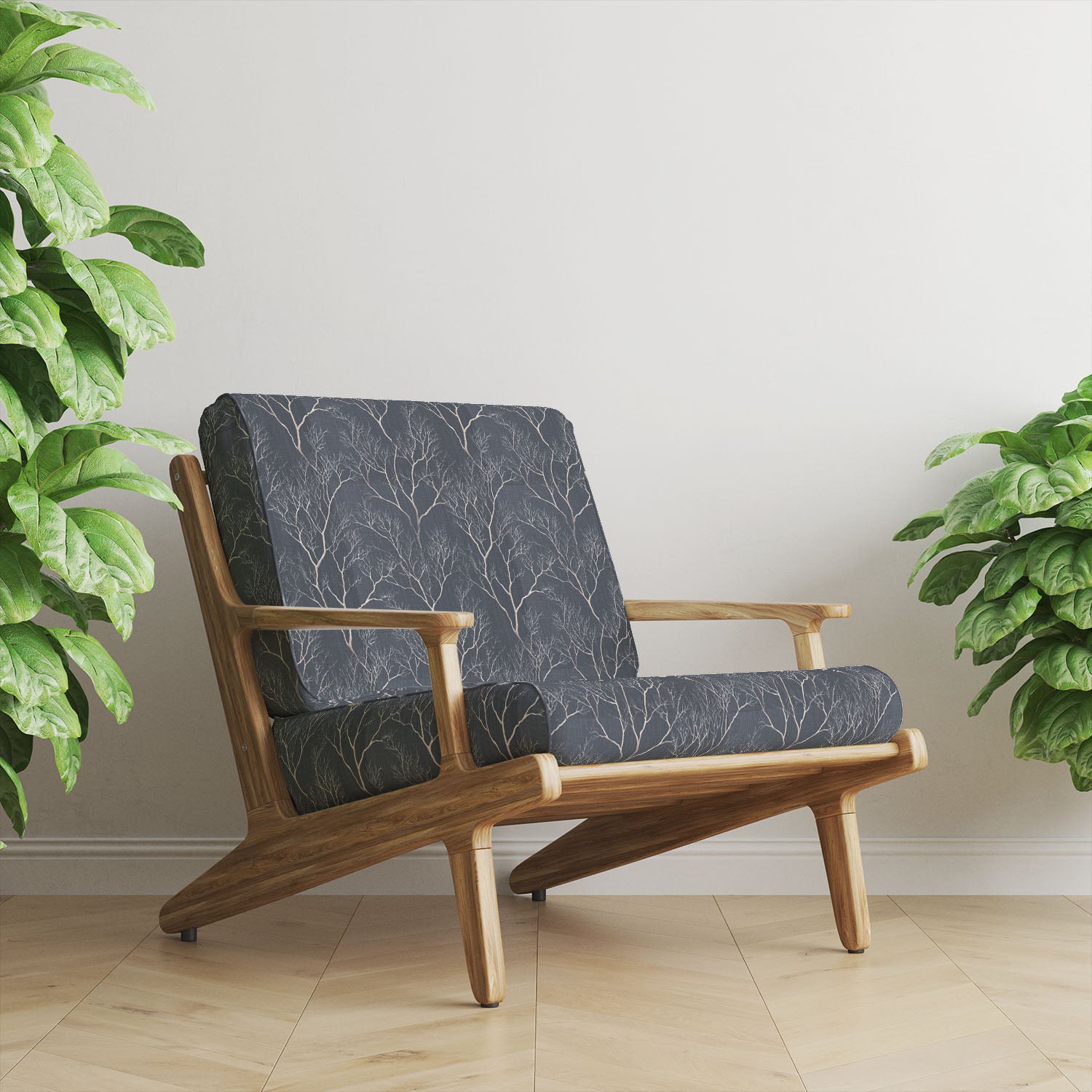 Arbor No.9 woodland style upholstery fabric upholstered on contemporary wooden chair with elegant tree branch pattern and blue background