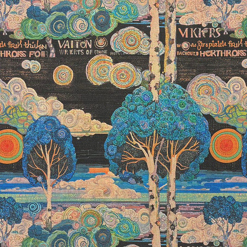 Arcadia No.1 multicoloured upholstery fabric with surreal tree and sky landscape in blue, green, orange and black
