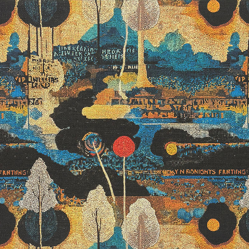 Flat image of Arcadia No.2 black scenic upholstery fabric with abstract trees and surreal landscape detailin