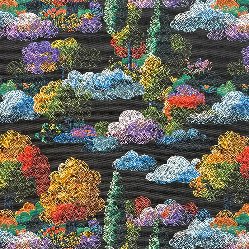 Arcadia No.5 multicoloured black upholstery fabric with scenic tree and cloud design