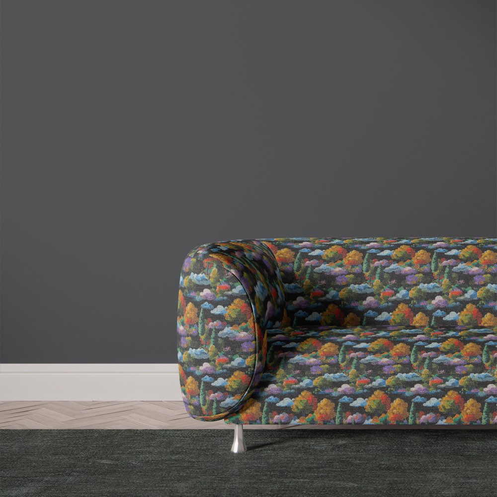 Arcadia No.5 upholstery fabric used on curved sofa in multicoloured tree print on black background