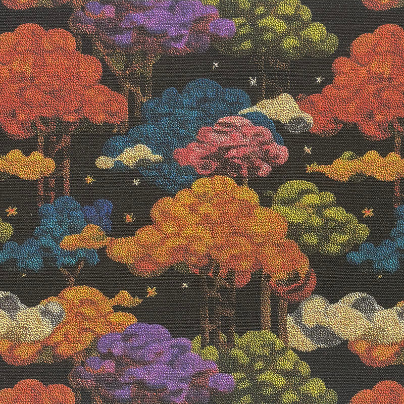 Arcadia No.7 multicoloured upholstery fabric with pointillist trees and clouds on black background