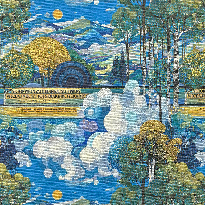 Arcadia No.8 blue scenic landscape upholstery fabric with clouds, trees, and hills