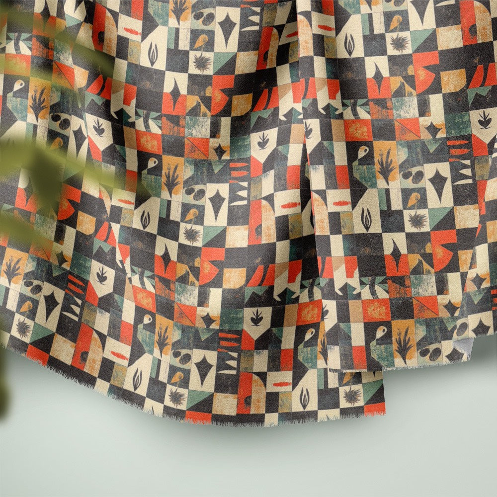 Atelier No.11 curtain fabric showing soft drape and repeating tile pattern with abstract botanical motifs