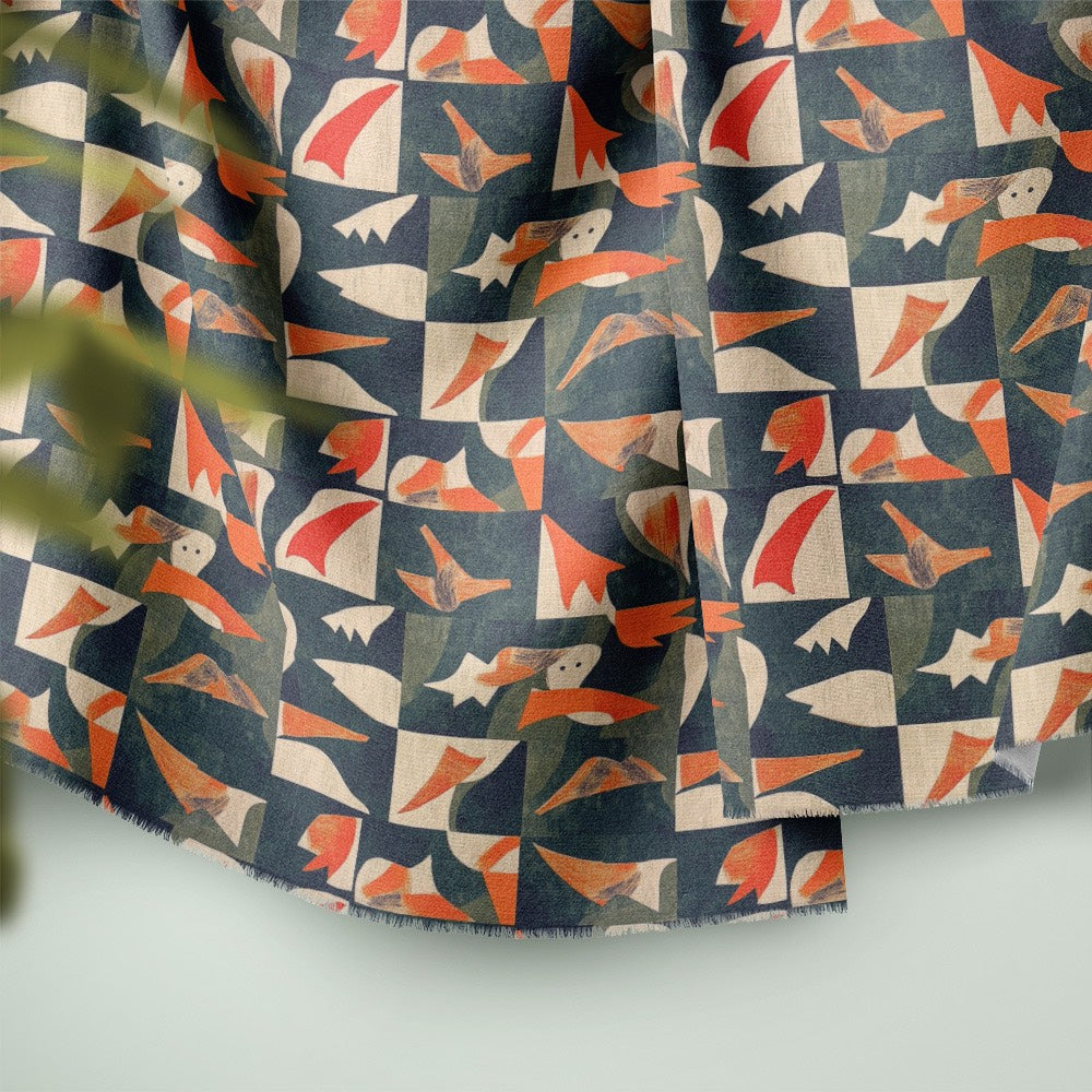 Atelier No.13 curtain fabric showing soft drape with repeating tile birds and geometric shapes