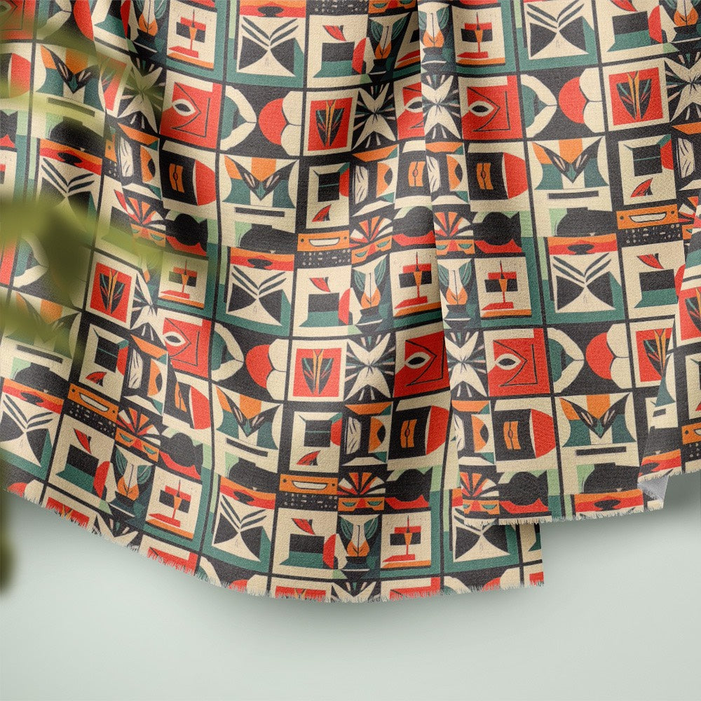 Atelier No.2 tiled curtain fabric ruffle detail highlighting modern geometric squares in warm terracotta and soft green toness