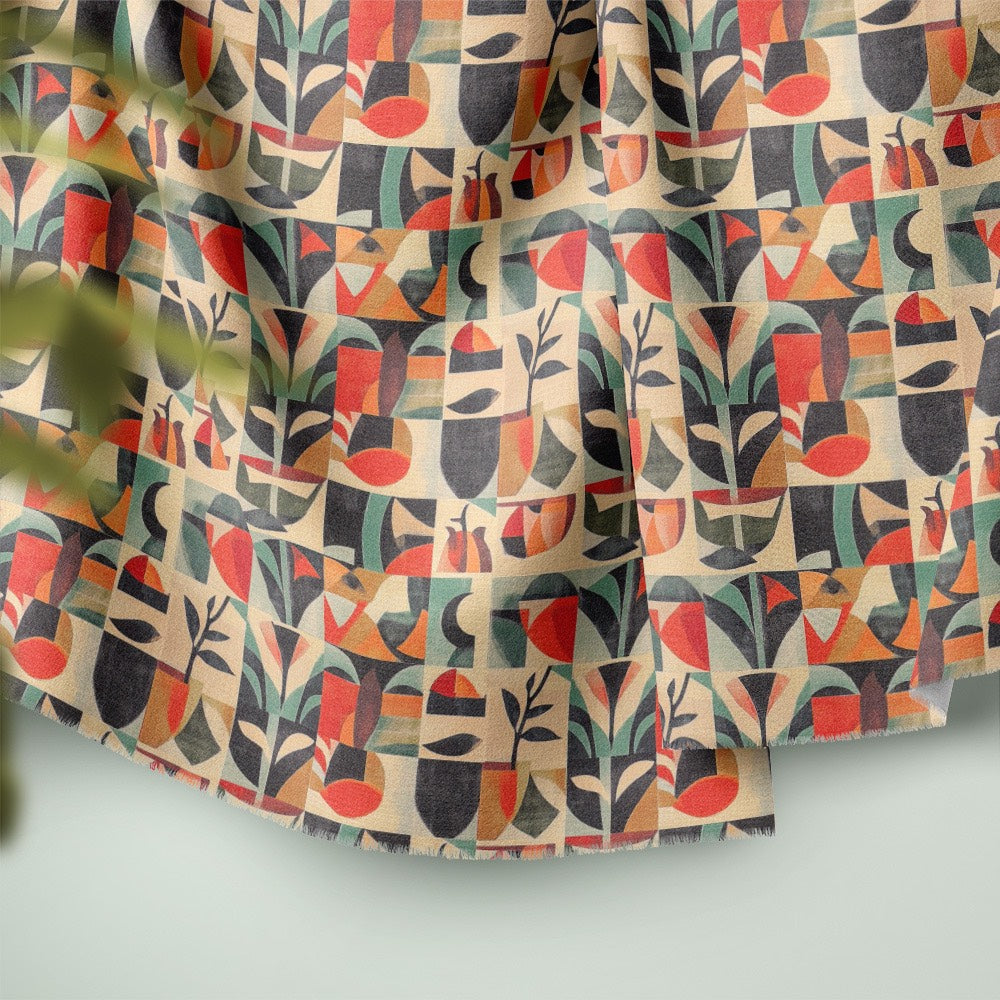 Atelier No.3 tiled curtain fabric ruffle detail showing botanical geometric tiles in terracotta, sage and charcoal on cotton linen