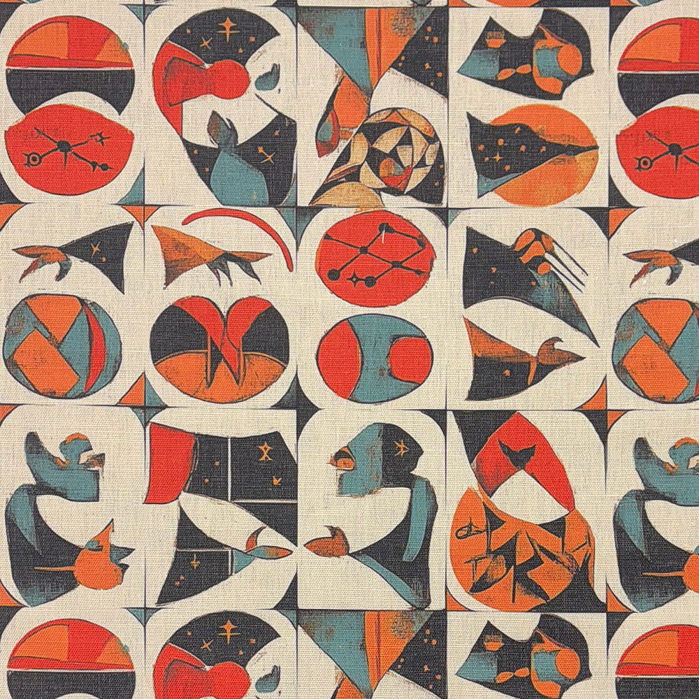 Atelier No.5 curtain fabric flat view showing tiled geometric pattern with terracotta circles, teal shapes and charcoal abstract motifs