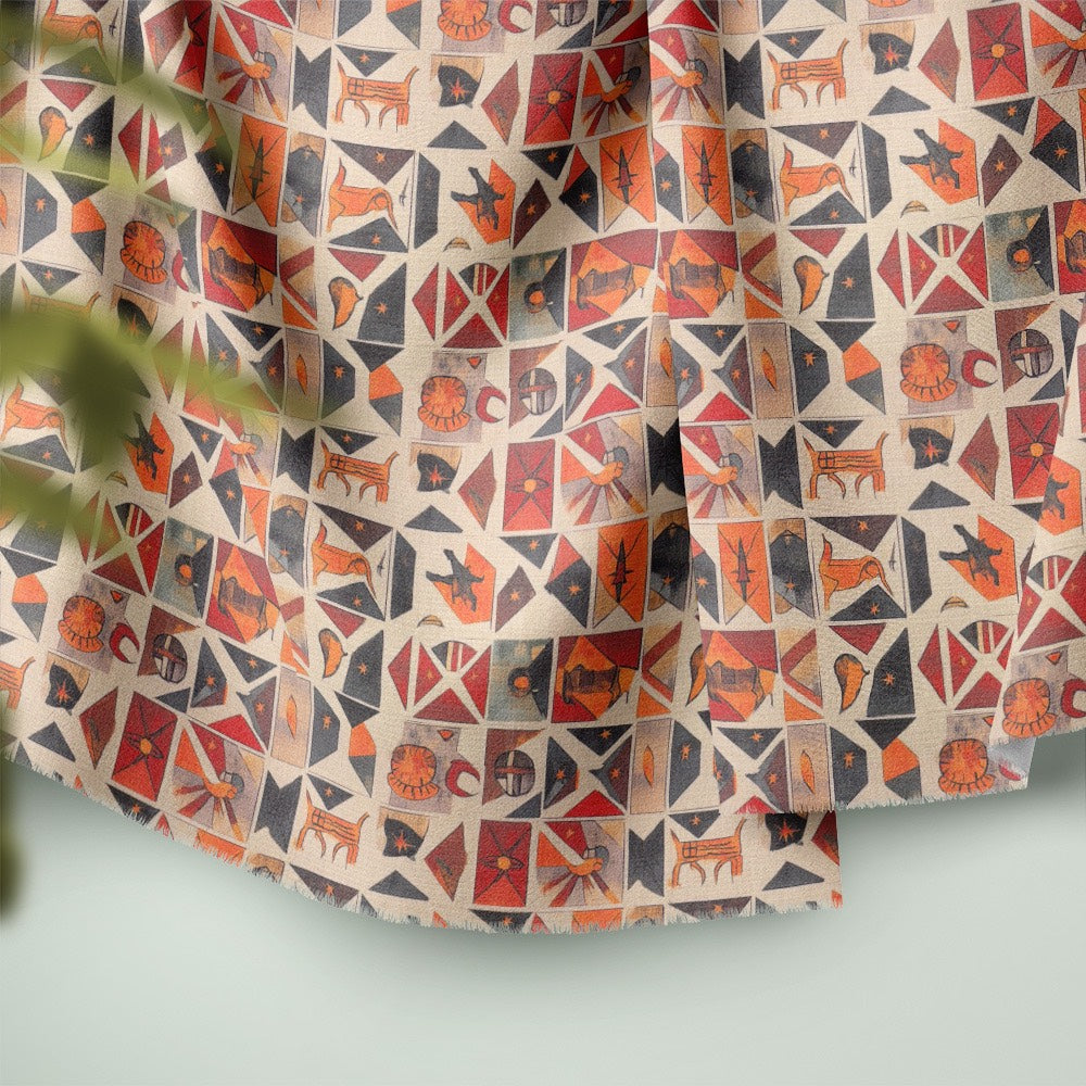 Atelier No.6 curtain fabric close-up with layered geometric tiles and illustrated motifs in warm earthy colours