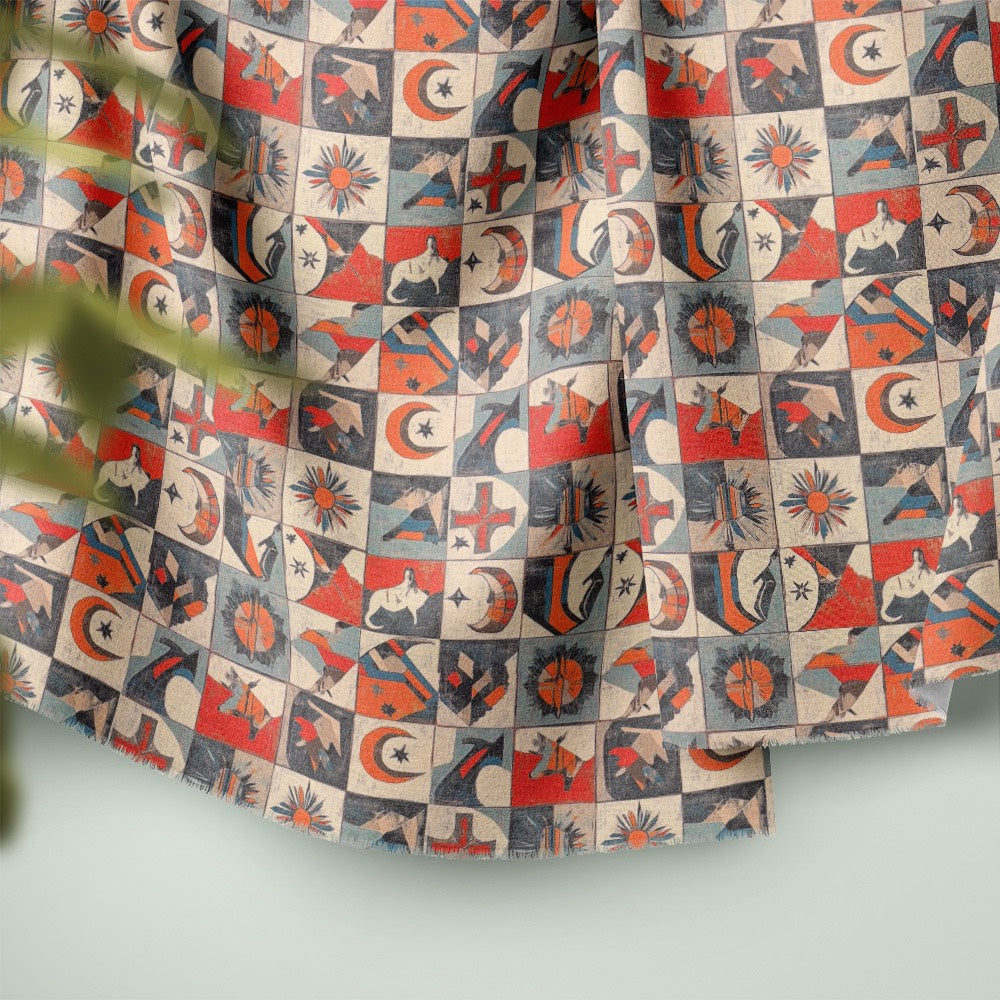 Close-up of Atelier No.8 curtain fabric showing repeating graphic tile pattern with celestial symbols in soft neutral colour palette