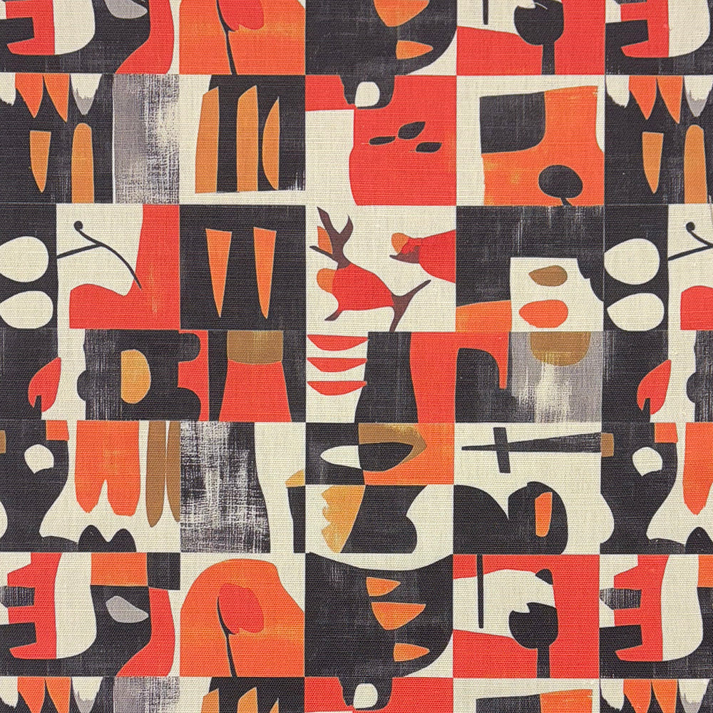 Atelier No.1 Upholstery Fabric – Abstract geometric textile in terracotta, charcoal, and ivory with cubist-inspired forms and expressive brushstrokes.