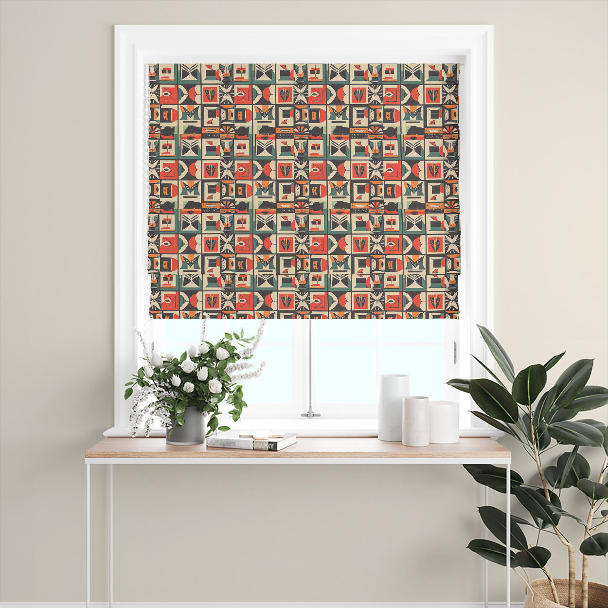 Atelier No.2 curtain fabric Roman blind in interior setting featuring repeating tile design with multicoloured abstract blocks