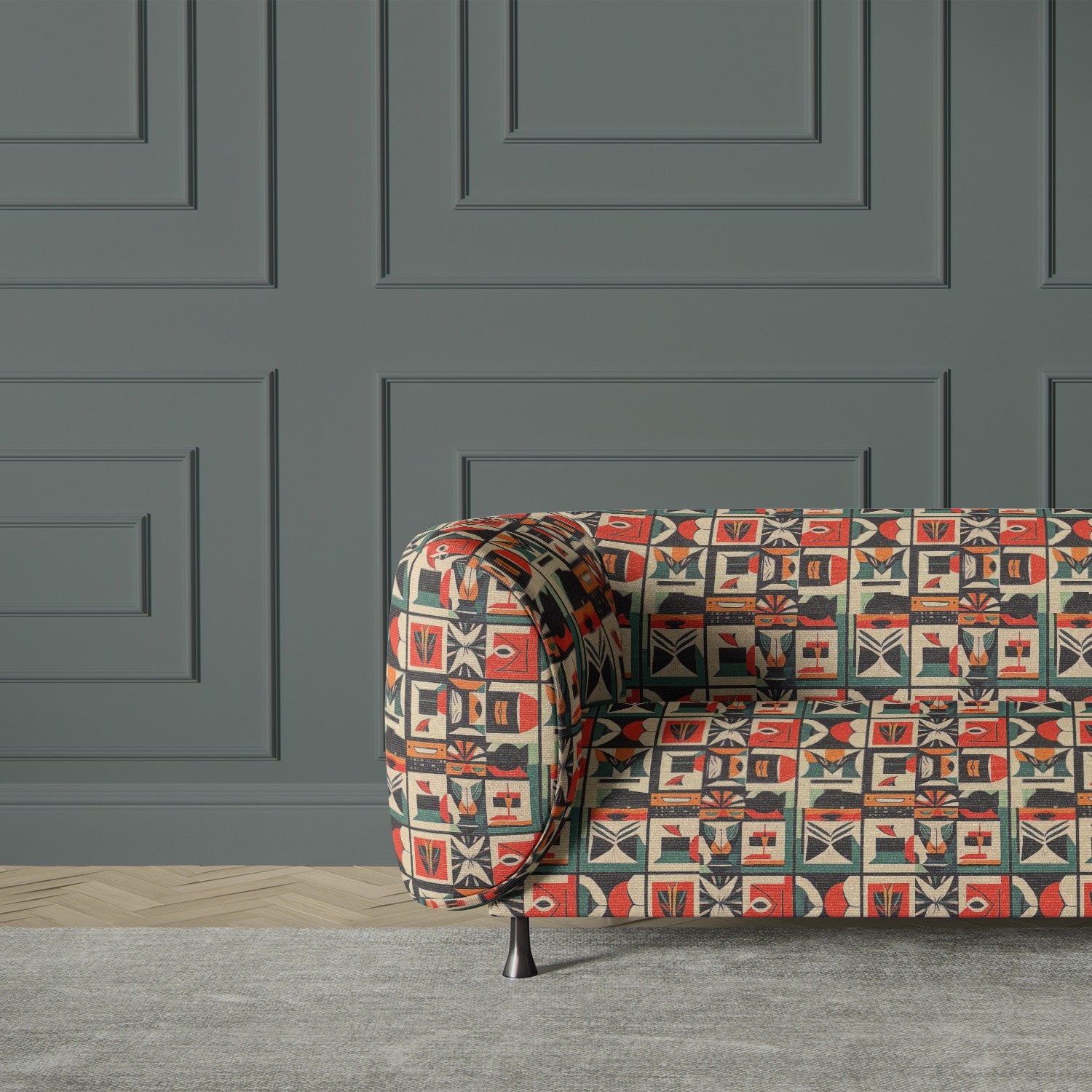 A deep-buttoned sofa upholstered in Atelier No.2 fabric, highlighting its detailed tile-inspired layout and sophisticated earthy tones
