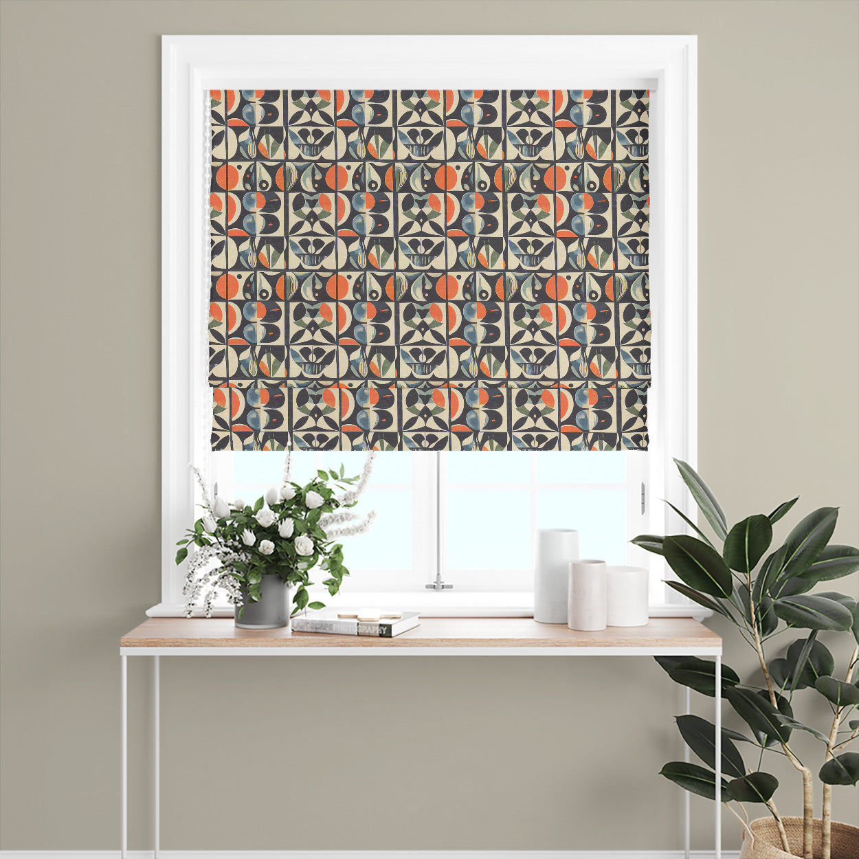 Atelier No.4 geometric curtain fabric Roman blind with mid-century tiled design in modern interior