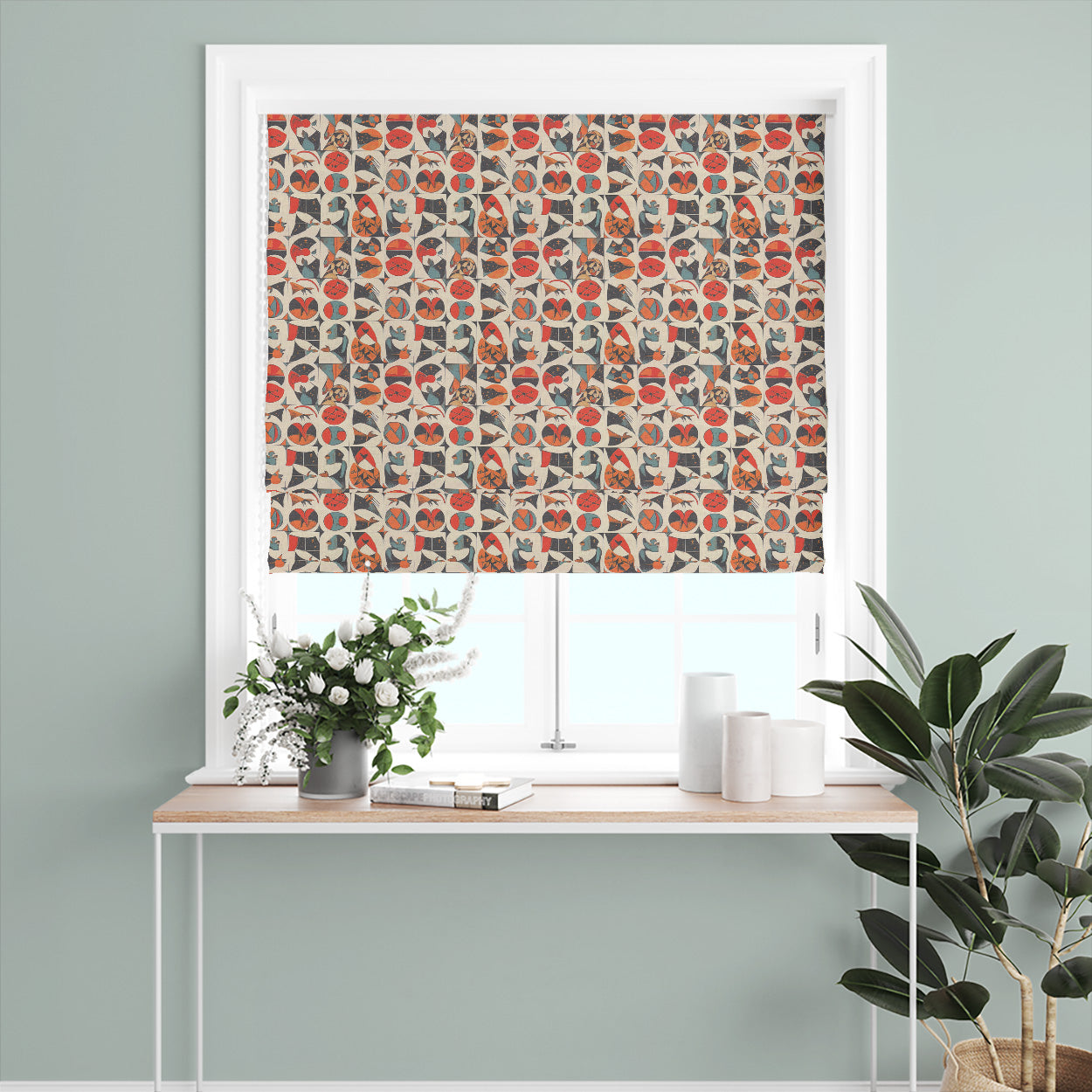 Atelier No.5 curtain fabric Roman blind styled in window setting featuring modern tiled pattern with retro geometric detailing
