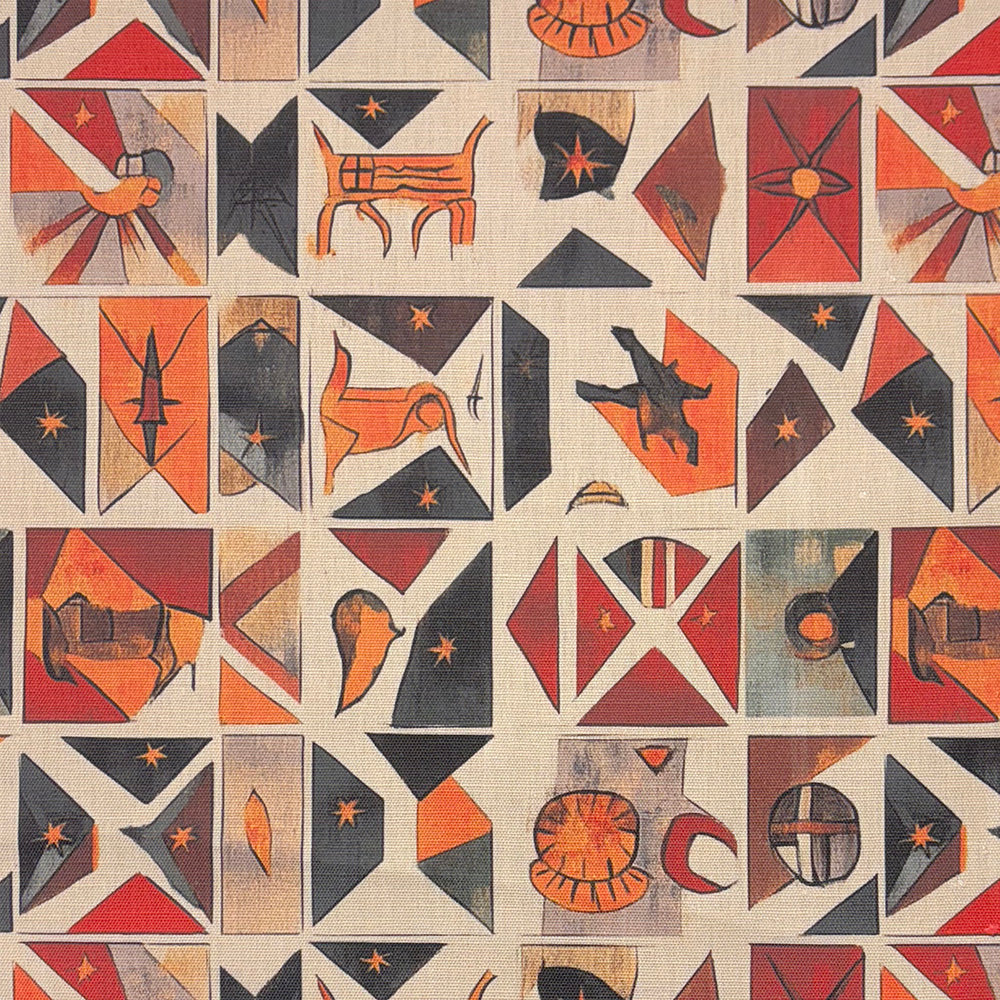 Atelier No.6 Upholstery Fabric – Mid-century inspired tiled design with abstract symbols, mythic animals, and burnt orange accents.