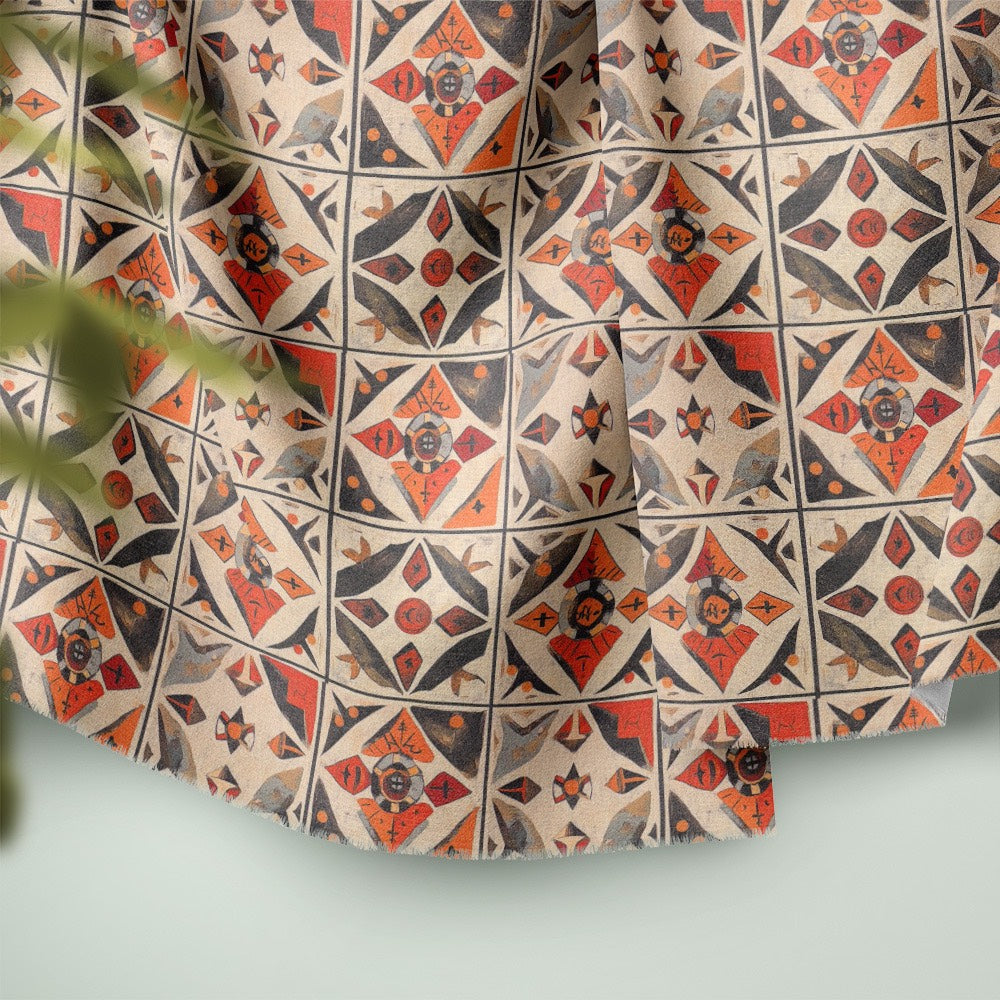 Draped Atelier No.7 fabric showcasing soft woven texture and geometric repeat pattern ideal for statement upholstery.
