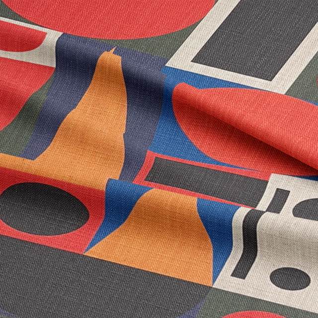 Close-up detail of Avant No.10 cubist upholstery fabric showing bold colour contrasts and texture
