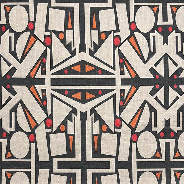 Avant No.15 cubist upholstery fabric featuring symmetrical abstract design in ivory, black, and burnt red
