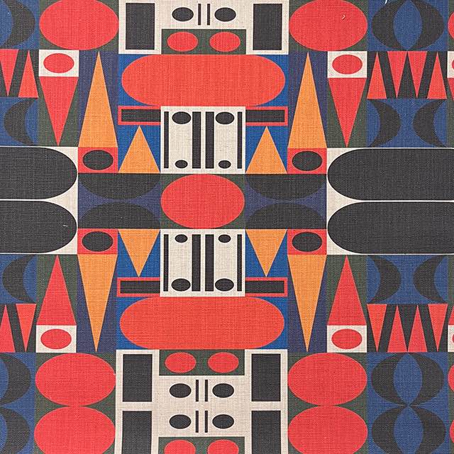 Avant No.9 cubist upholstery fabric with bold red, navy, ochre and black geometric forms